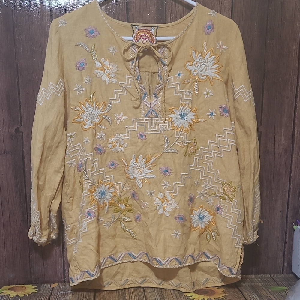 Johnny Was Mustard Floral Embroidered Linen Blouse